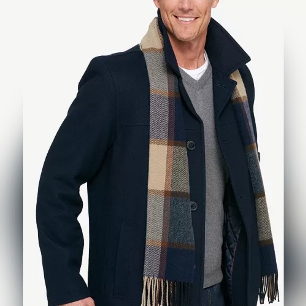 Tommy Hilfiger Mens Navy Blue Wool Blend Walker Coat with Plaid Scarf Size S